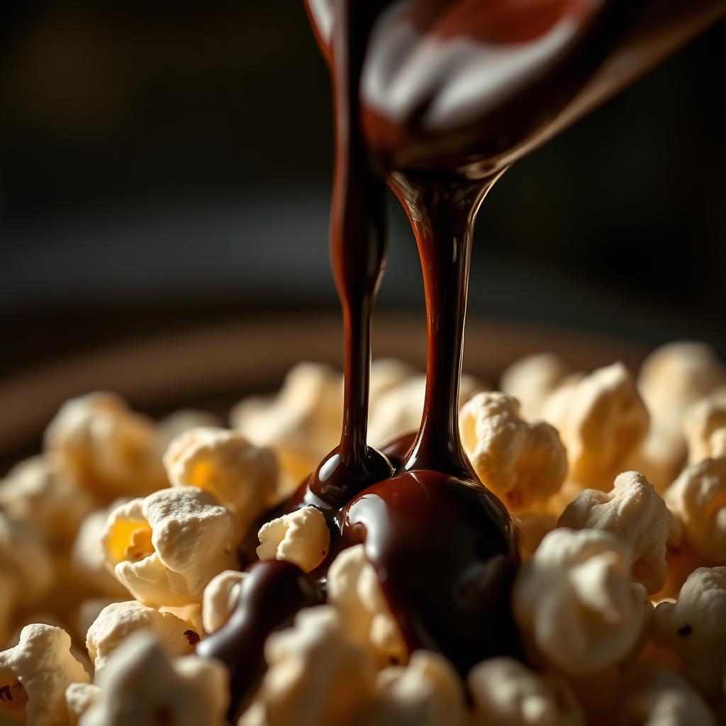Chocolate drizzled popcorn close-up
