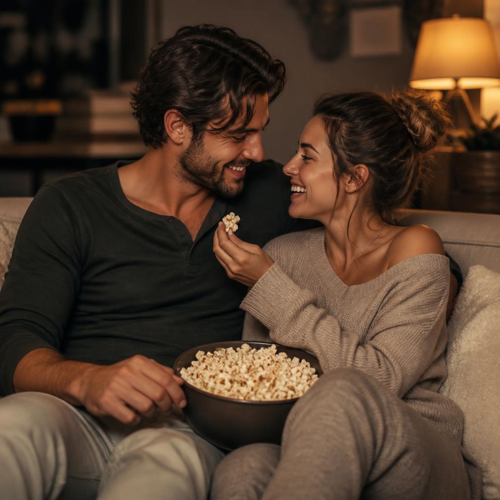 Couple sharing popcorn together