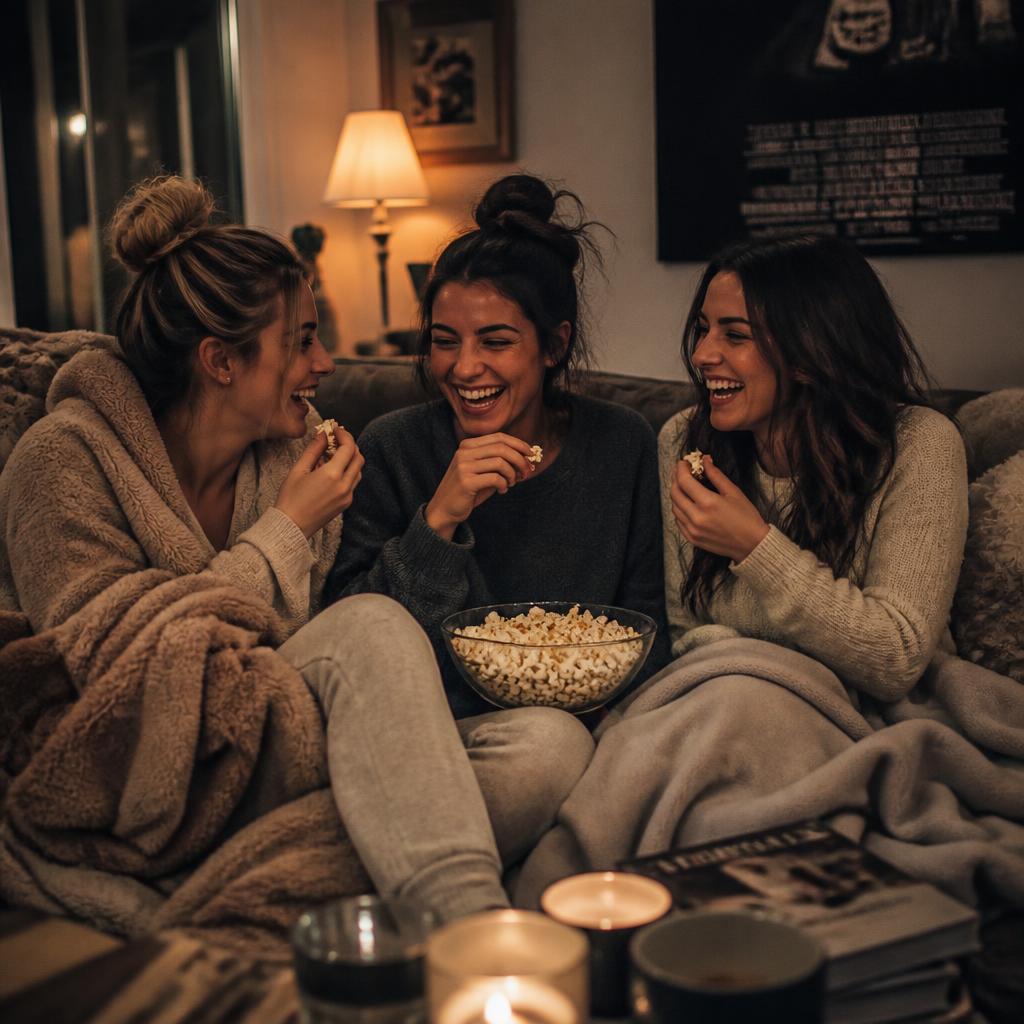 Friends sharing popcorn on movie night